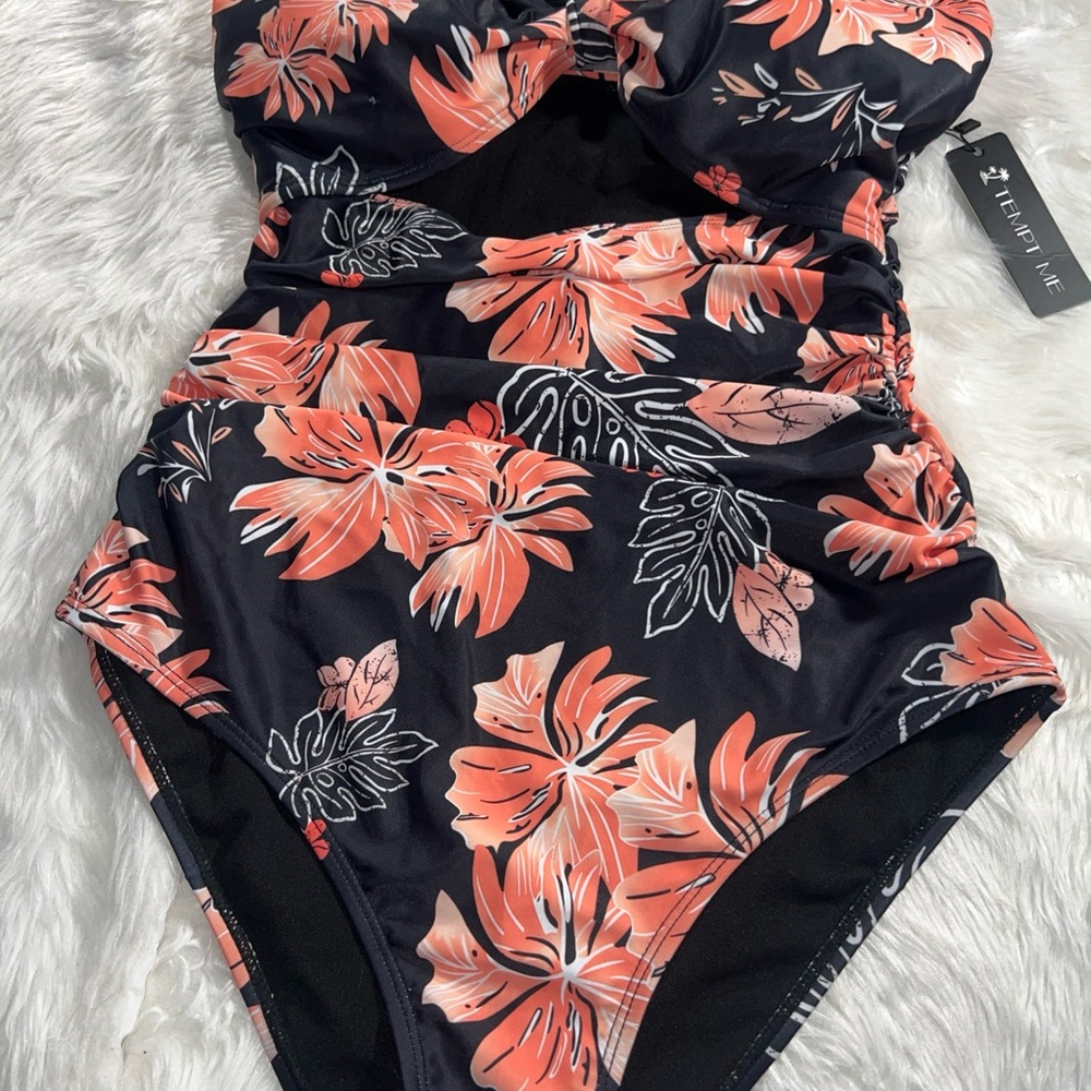 Elegant Floral Black and Orange One Piece Swimsuit